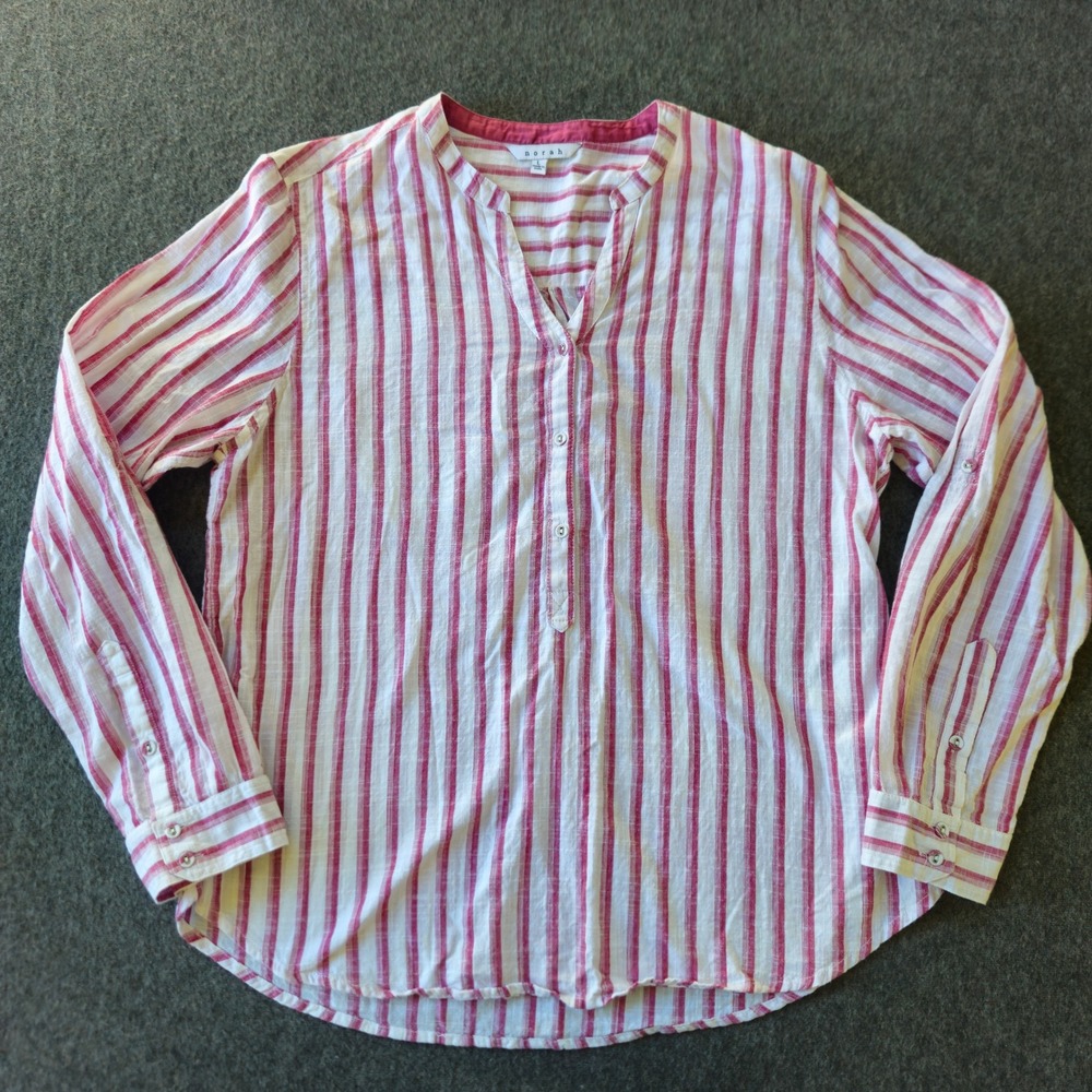 NORAH Striped Gauze Cotton Roll Tab Sleeve Top Sz Large Resortwear Beach Coastal